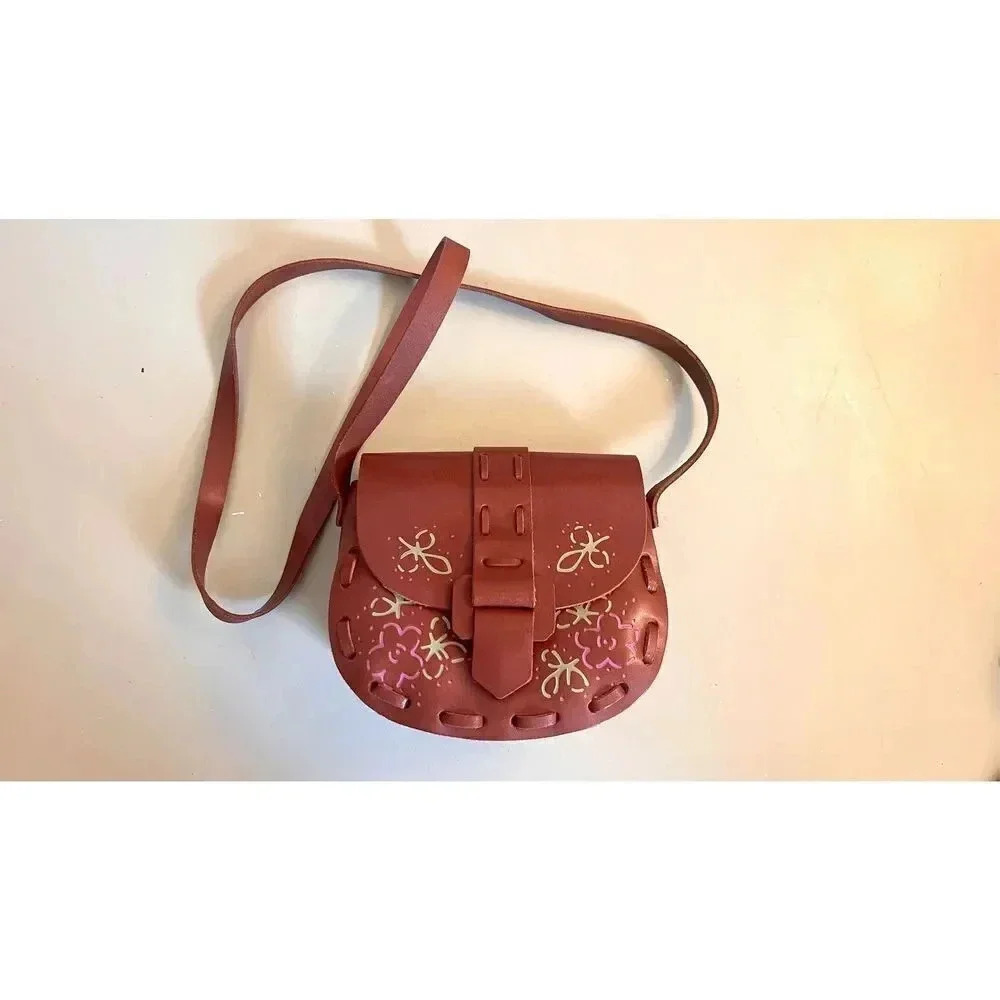 Vintage GAP‎ kids Brown Woven Genuine Leather Boho Floral Purse Bag Crossbody